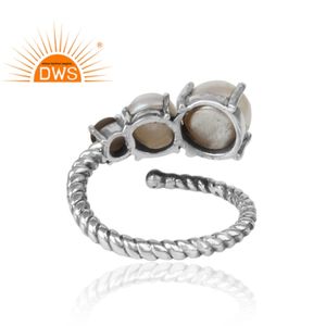 Bague artisanale en argent sterling au design unique, avec perle blanche et quartz fumé, bague oxydée, bijoux en gros - Product Image 4