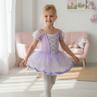 Robe Tutu Fille Violet Clair Épaules Dénudées Manches Courtes Bouffantes en Tulle Scintillant pour Enfants, Costume de Ballet pour Spectacle (Stock US)