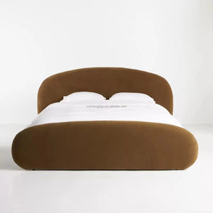 Letto matrimoniale curvo Wabi-sabi in <span class=keywords><strong>velluto</strong></span> color caramello vintage, letto king size moderno di lusso per camera da letto padronale, letto minimalista in tessuto - Product Image 4