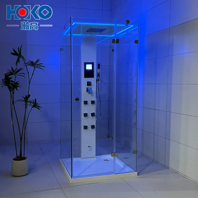 HOKO Luxury Rectangle Jetted Tub Shower Cabin Tempered Glass LED Lights Aluminium Frame Square Bathroom Steam Bath Room