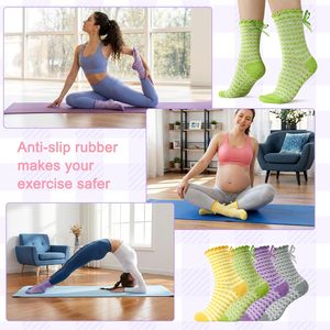 Calcetines de Yoga, Pilates, Baile y Ejercicio para Mujer, Antideslizantes, con Lazo, por Encima de la Rodilla, en Cuadros, Morado, Gris, Amarillo y Verde - Product Image 6