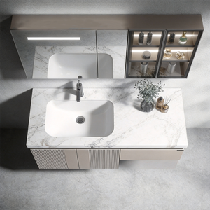 <span class=keywords><strong>Meuble</strong></span>-lavabo mural gain de place aux proportions équilibrées, avec panneau cannelé et étagères ouvertes, en tons neutres - Product Image 3