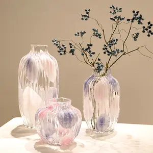 Простая полосатая розовая синяя фиолетовая ваза в горошек, украшенная вручную стеклянная ваза