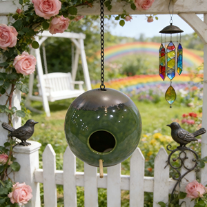 Nichoir en céramique en forme de pomme avec accent oiseau - Décoration pour vergers et jardins de campagne - Product Image 5