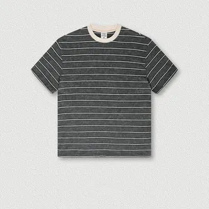 Custom Logo Summer 280G Retro Wash Stripe Round Neck Short Sleeve American Street Loose T-shirt for Men