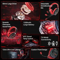 WOOKING HS Pro Headset Gaming Nirkabel Profesional Tiga Mode dengan Mikrofon, Driver Dinamis 50mm, Pencahayaan RGB, Tahan Air IPX5