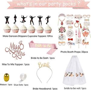 Kit de fournitures pour enterrement de vie de jeune fille, Saint-Valentin et fête prénuptiale : Écharpe de mariée, Gobelets, Pailles, Voile, Bannière, Ballons - Product Image 3