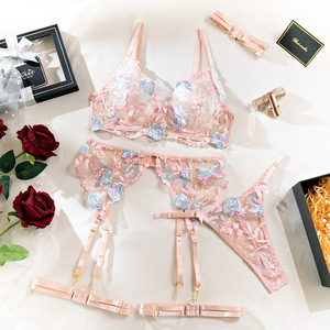 Set di biancheria intima da <span class=keywords><strong>donna</strong></span> ricamata in pizzo con fasciatura floreale, Set di Lingerie Push up Ultra-sottile - Product Image 5
