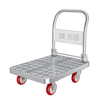 Chariot à plateforme à quatre roues en acier robuste, cadre renforcé, poignée pliable, portable, utilisation en entrepôt OEM