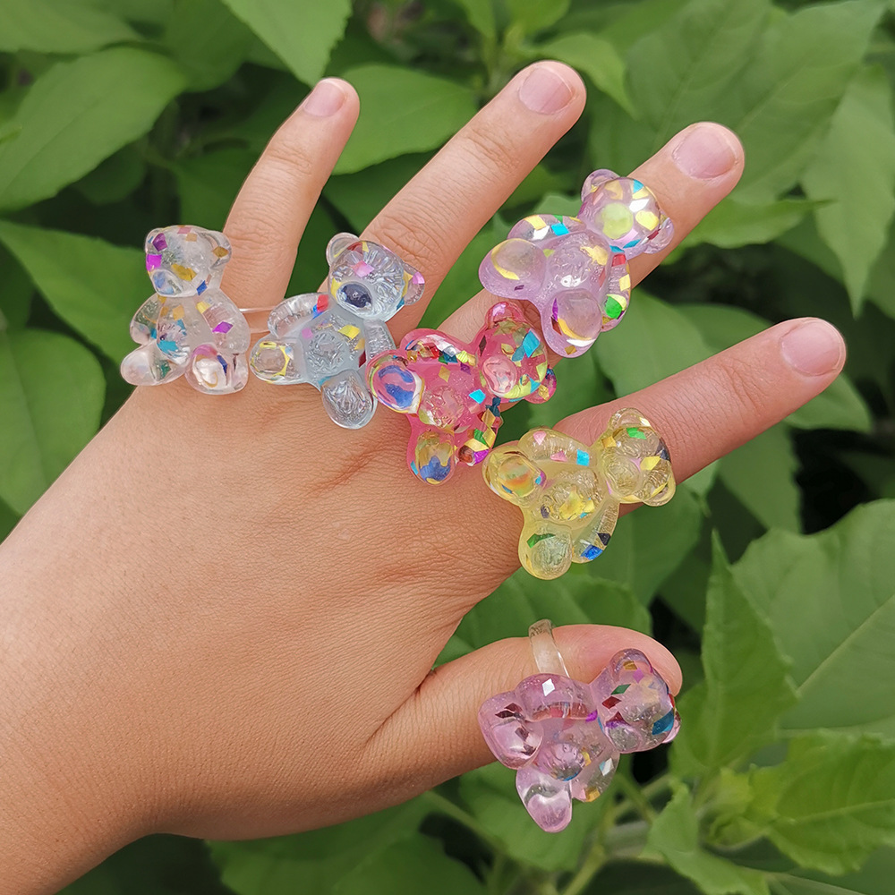 New Transparent Big Cute Animal Party Travel Design Fun Jewelry For Women's Colorful Sequins Bear Acrylic Ring