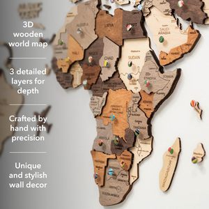 Grande carte du monde en bois 3D à suspendre avec épingles – Décoration murale de voyage – Idée cadeau de pendaison de crémaillère - Product Image 5
