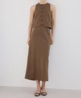 Produsen Busana Wanita Elegan Set Co-ord Cokelat Kancing Katak Cina, Rompi dan Rok Midi