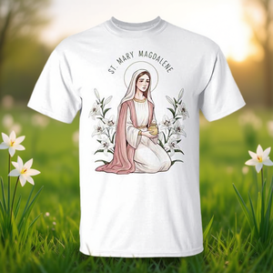 Camiseta con símbolo de la lirio de Santa María Magdalena para la devoción de Pascua - Product Image 3