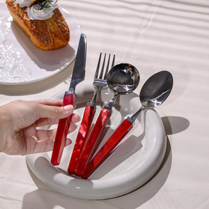 <b>Acrylic</b> Cutlery Set Stainless Steel Red Handle Soup Spoon Dessert Fork Butter Knife Simple Style Kitchen Utensils - Product Image 4
