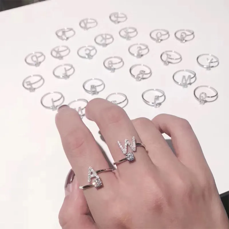 26 Letters Open Finger Rings For Women Zircon Rings Engagement Wedding Promise Ring Accessories Jewelry OEM Silver