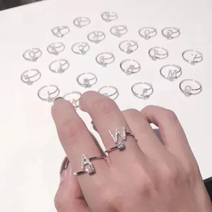 Anillos de dedo abiertos con 26 letras para mujer, anillos de circón, anillo de compromiso de boda, accesorios de joyería, moda de plata OEM