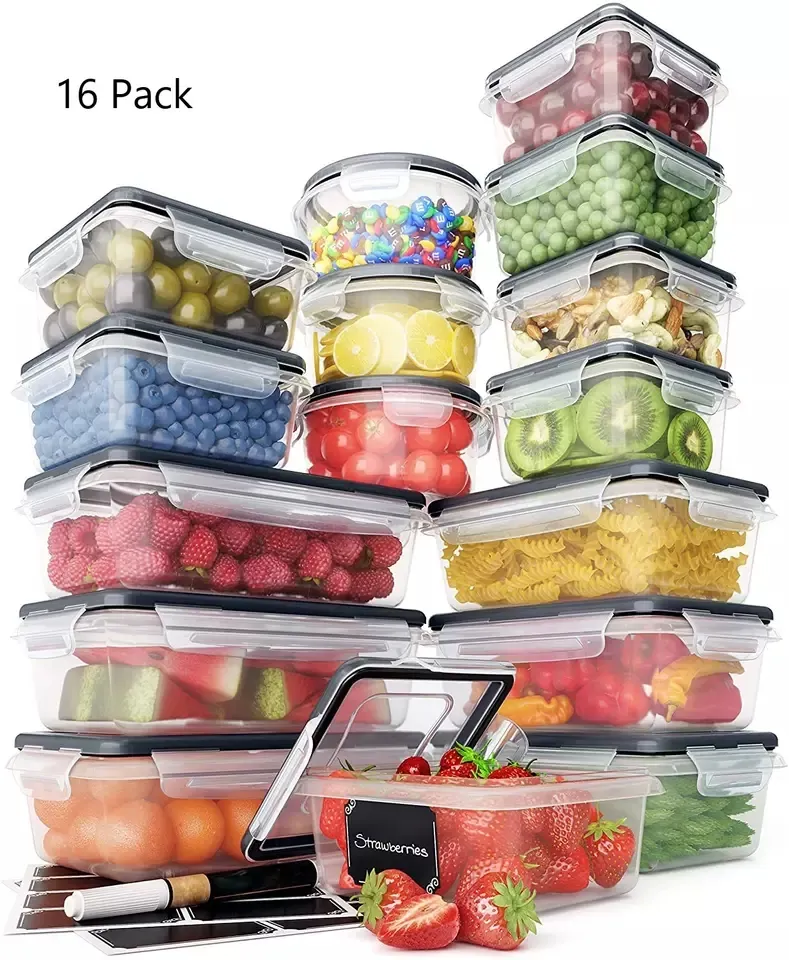 16 Piece Set BPA-free High Quality Clear Plastic Sealed Food Storage Box Kitchen Organizer Meal Prep Container With Lid