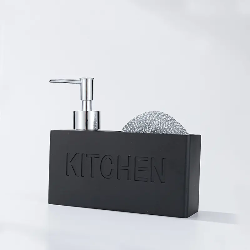 Modern Design Black Resin Multifunctional Liquid Soap Dispenser Hand Pump Bottle with Wire Sponge 2 in 1 for Kitchen Countertop