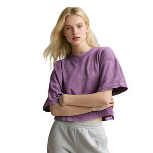 T-shirt d'été sans col pour femme, respirant, à manches courtes - T-shirt vintage délavé, coupe ample, nombril apparent - Product Image 1