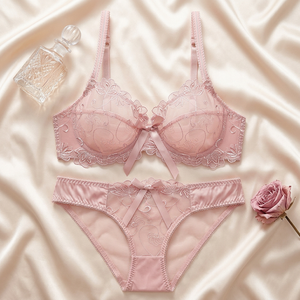 Wholesale Women's Pink Lace Bra and Panty <b>Set</b> See Through <b>Sexy</b> Bra <b>Set</b> French Style Intimates Plus Size Lingerie <b>Set</b> with Bow - Product Image 1