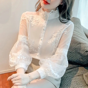 2024 Spring Sweet Style Lantern Sleeve Chiffon Shirt Women Embroidered Flower White Blouses Female Mesh <strong>Stitching</strong> Pure <strong>Top</strong> - Product Image 2