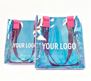 Sacs de shopping en PVC transparents holographiques à motif de lettres pliables avec logo personnalisé, fermeture à glissière, taille extra large - Product Image 1