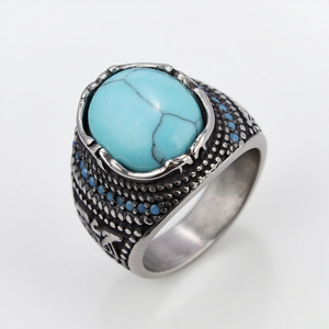 Wholesale Handmade Western Vintage Arabic Inlaid Stainless Steel Fine <strong>Turquoise</strong> Jewelry Custom Made Islamic <strong>Rings</strong> for Men - Product Image 2