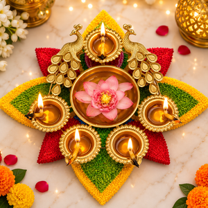 Premium Brass Urli Bowl with 6 Attached Diyas Handmade Christmas Home Decor Tea Light <b>Holder</b> Lid Floral <b>Floating</b> Bowl Pooja - Product Image 3