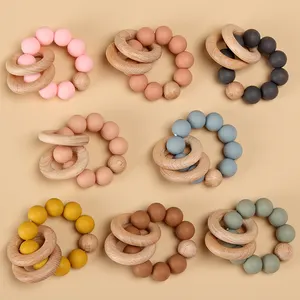 15mm Food Grade Silicone Beads Teething Chew Toy Baby Wooden Teether Ring