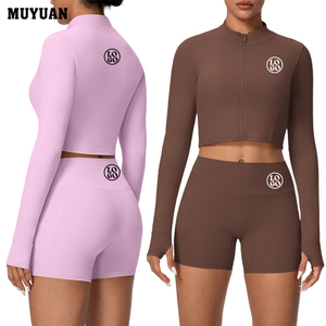 High Waist Yoga Set Long Sleeve Crop Top with Zipper Jacket and Shorts Nylon Spandex Comfortable Gym Wear for Women