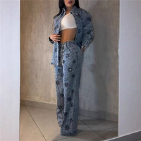 Jean en denim délavé à taille haute pour femme, coupe ample décontractée, jambe large, tricoté