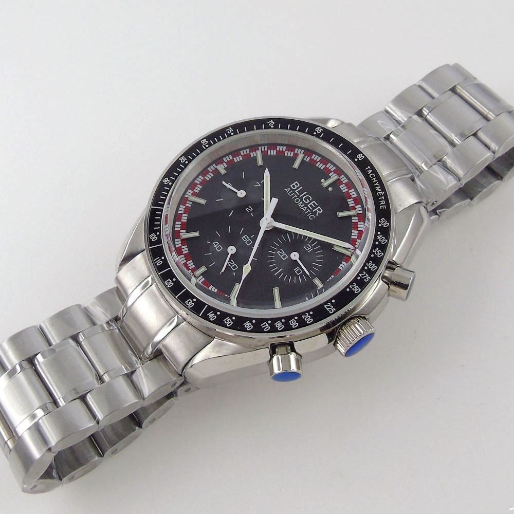 40mm Bliger Rubber Straps Wristwatches Week Indicator Multifunction Scratch  Proof Mineral Glass Automatic Mens Watch