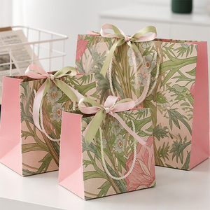 Borsa Regalo Floreale in Carta Botanica, Borsa Rosa con Papaveri per Compleanno, Nastro <span class=keywords><strong>e</strong></span> Fiocco, Cartoncino Bianco Premium, Souvenir all'Ingrosso - Product Image 5