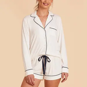 Now Custom Women's Sleepwear Loungewear Sets 2 Piece Modal Bamboo Viscose Long Sleeve And Shorts Pajamas Set Women