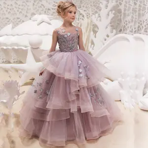 Kid 4-14 Yrs Flower Purple Lace Layer Ball Gown Maxi Long Wedding Prom Evening Party Girls Princess Dress For Girls 12 Year Old