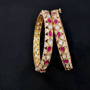 05316Kundan Bangle Pink Oval <b>Ruby</b> and Clear Stone openable bangle Gold Tone for Wedding Festival Wear - Product Image 1
