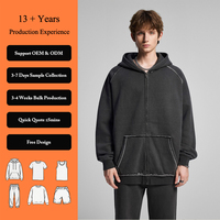 Sweat-shirt zippé décontracté pour homme, 420 GSM, effet vieilli, délavé au soleil, vintage, délavé à l'acide, ourlet effiloché, fermeture éclair sur le devant