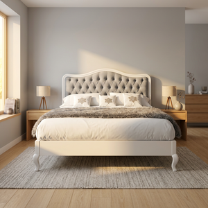 Muebles de Dormitorio Estilo Francés Barroco Blanco, Cama Tapizada de Madera Maciza con Tela de Caoba - Product Image 2