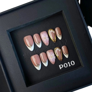 Uñas Postizas Reutilizables <span class=keywords><strong>con</strong></span> Acabado Brillante, Diseño de Almendra <span class=keywords><strong>con</strong></span> <span class=keywords><strong>Flores</strong></span> 3D, <span class=keywords><strong>Manicura</strong></span> Simple y Elegante, 10 Piezas, Blancas, Francesas, Hechas a Mano - Product Image 1