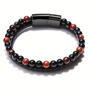 Bracelet en cuir tressé avec fermoir magnétique noir, pierre naturelle gravable, nouvelle collection ZYO, pour homme - Product Image 3