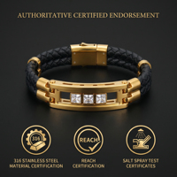 Bracelet en cuir pour homme de haute qualité avec incrustation de diamants Moissanite de 6 mm en acier inoxydable poli et mobile