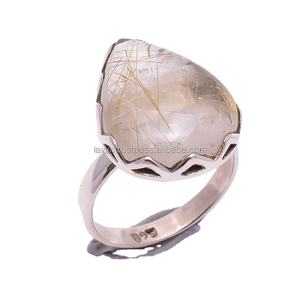 Bijoux fins faits à la main 925 Sterling Silver Golden Rutile Gemstone Rings Diamond Bezel Setting Wholesale Manufacturer - Product Image 1