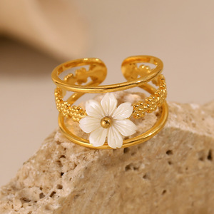 18K Gold Plated Stainless Steel Natural Shell Flower Double Layer Hollow Open Adjustable Stackable <b>Statement</b> <b>Ring</b> For Women - Product Image 2