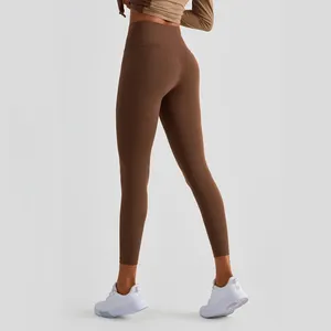 Venta al por mayor de alta calidad logotipo personalizado Fitness gimnasio medias sin línea frontal sin costuras suave alta cintura Yoga pantalones Leggings mujeres