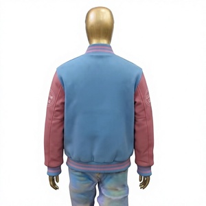 Custom Women Sky Blue Polyester/Cotton Breathable Front Logo Varsity Letterman <b>Jacket</b> Rib Trim - Product Image 2