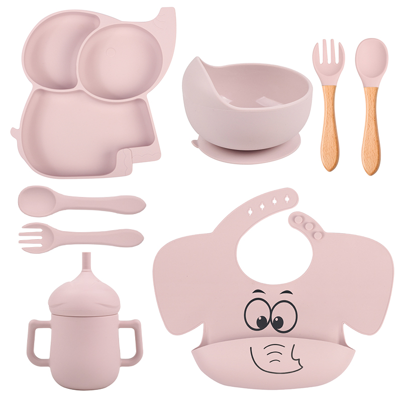 Лидер продаж, детские безопасные товары Newsun в форме слона, Детский набор для еды, силиконовая детская чаша, чашка, нагрудник с ложкой и вилкой