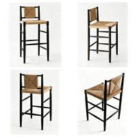 Tabouret de bar en bois de frêne de style Wabi-Sabi du milieu du siècle |   Siège en jonc naturel tissé à la main avec dossier en forme de losange |   Repose-pieds pour comptoir de bar, maison, hôtel