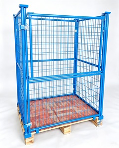 Chariot <span class=keywords><strong>de</strong></span> manutention pliable en acier avec cage métallique et palette en bois, robuste pour entrepôt - Product Image 1