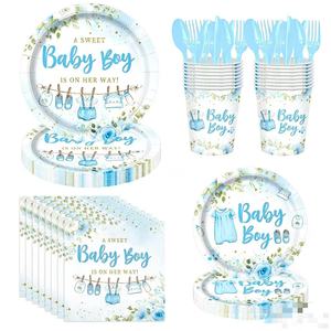 Décoration de fête pour garçon sur le thème des fleurs sauvages bleues, un ensemble de vaisselle en papier floral avec assiettes, serviettes et gobelets pour la fête de naissance d'un petit garçon - Product Image 1