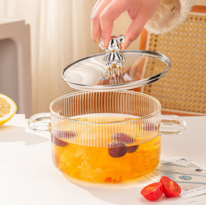 หม้อแก้วใสพร้อมหูจับคู่ ฝาปิดลายหมีน่ารัก หม้อสุขภาพลายทาง ใช้กับเตาไฟฟ้าได้ ปลอดภัยสำหรับทำบะหมี่และนม - Product Image 2